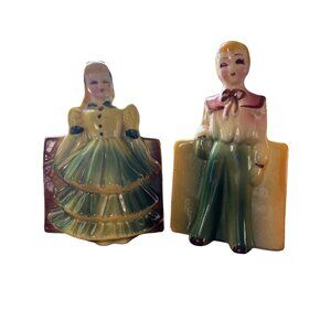 Vintage 1940s Art Deco Ceramic Boy & Girl Planter Set Ceramic Handpainted READ